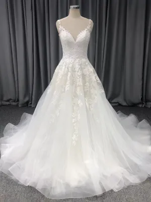 A-Line Lace V-neck Court Train Sleeveless Wedding Dresses