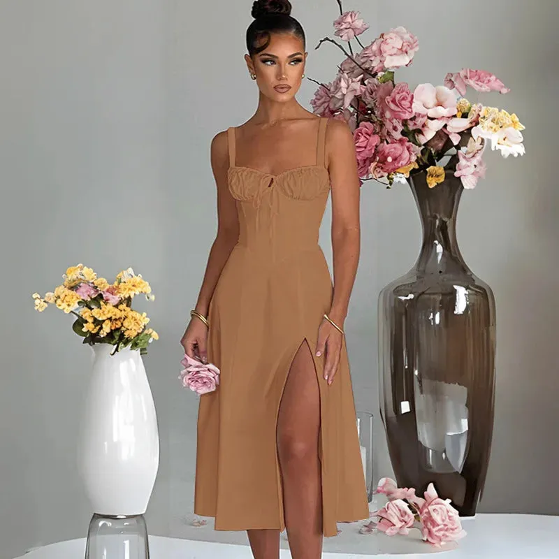 A-line Long Spaghetti Strap Summer Backless Split Nightclub Sexy Midi Dress