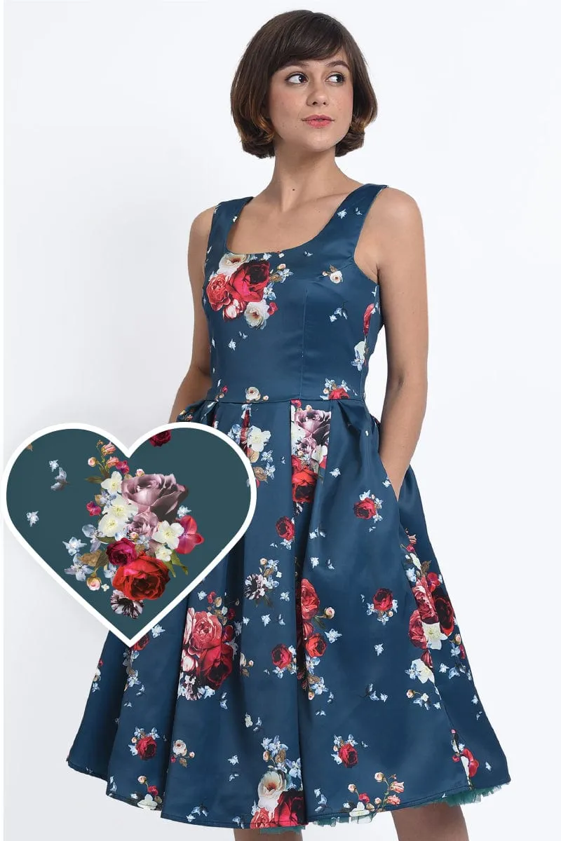 Amanda Blue & Red Rose Swing Dress