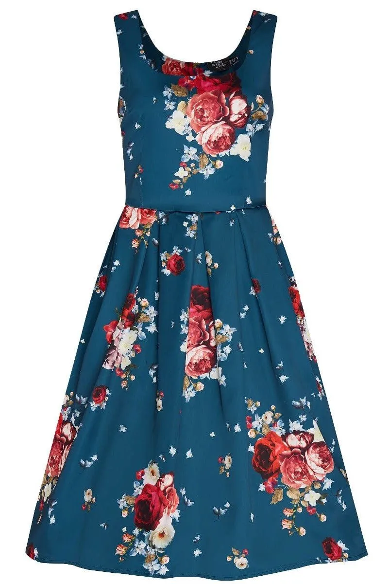 Amanda Blue & Red Rose Swing Dress