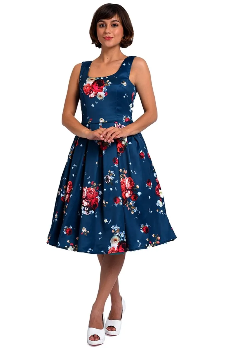 Amanda Blue & Red Rose Swing Dress