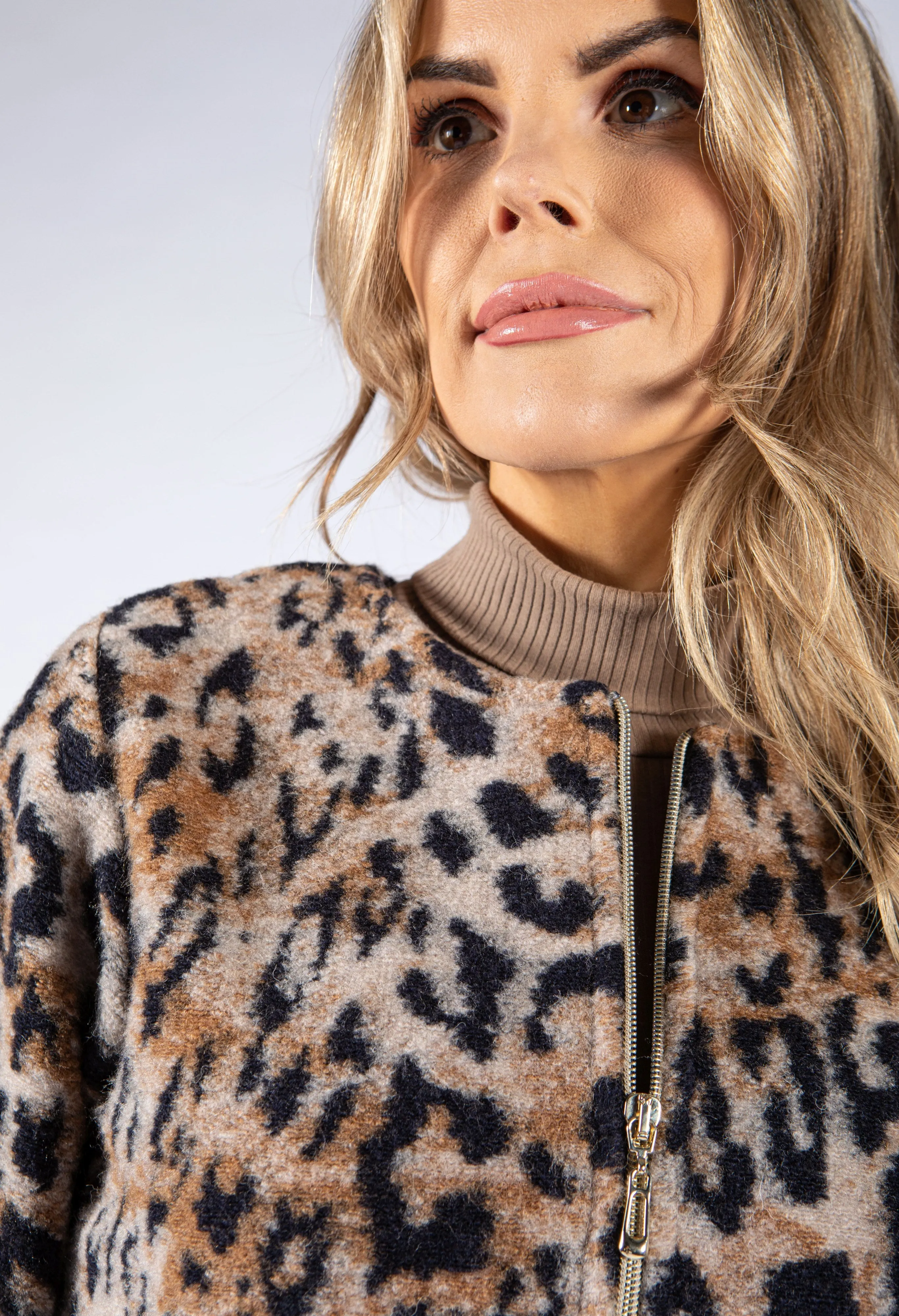 Animal Print Knit Zip Up Jacket