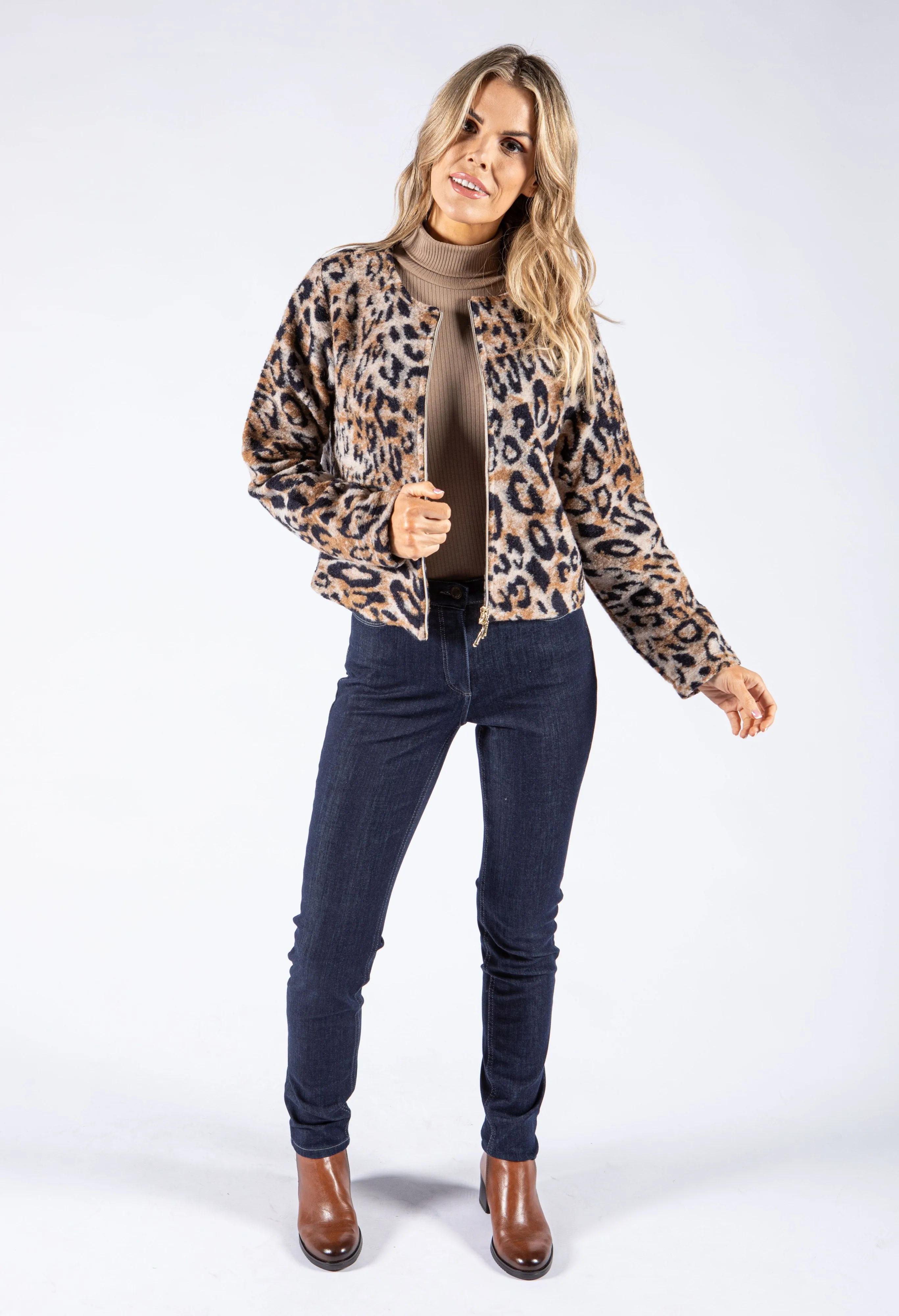 Animal Print Knit Zip Up Jacket