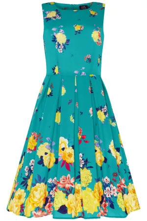 Annie Retro Raising Flowers Swing Dress - Turquoise