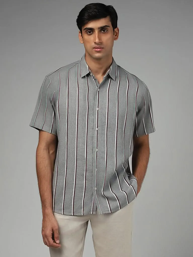 Ascot Grey Striped Relaxed-Fit Blended Linen Shirt