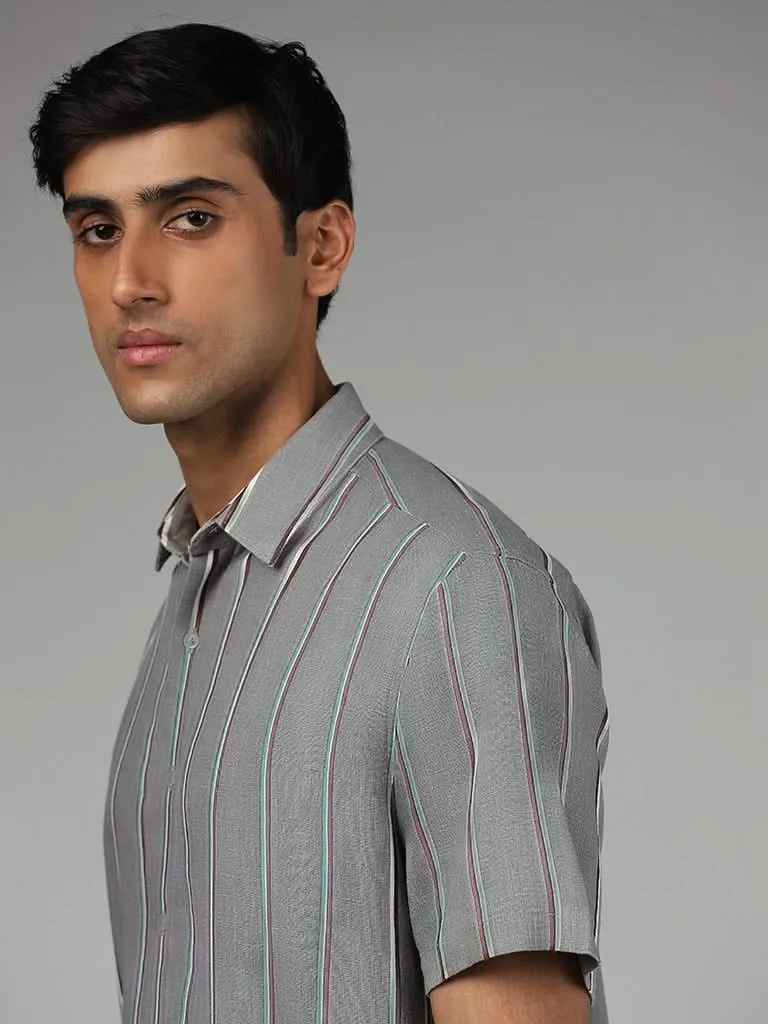 Ascot Grey Striped Relaxed-Fit Blended Linen Shirt