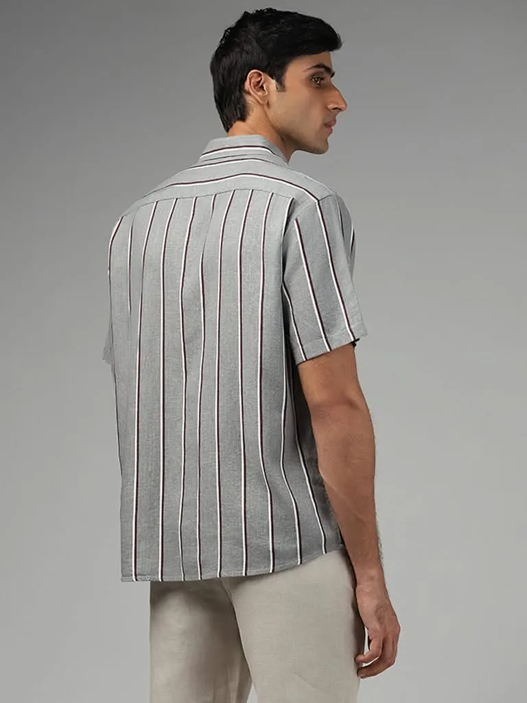 Ascot Grey Striped Relaxed-Fit Blended Linen Shirt