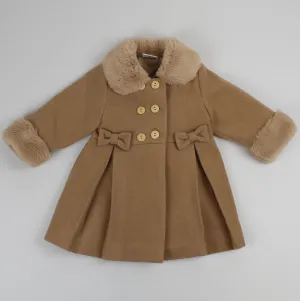 Baby Girls Pea Coat With Faux Fur Trim - Brown