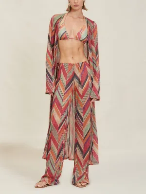 Beach Resort Geometric Print Graceful Bell Sleeve Cardigan Midi Dress