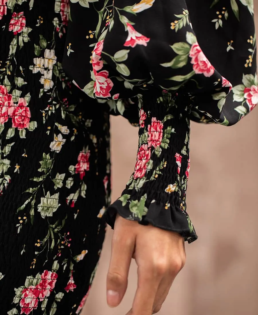 Black Floral Long Sleeve Mini Dress