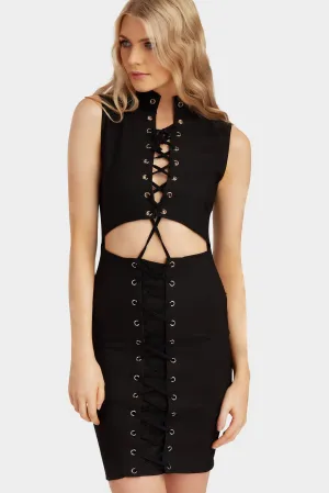 Black Lace Up Eyelet Dress