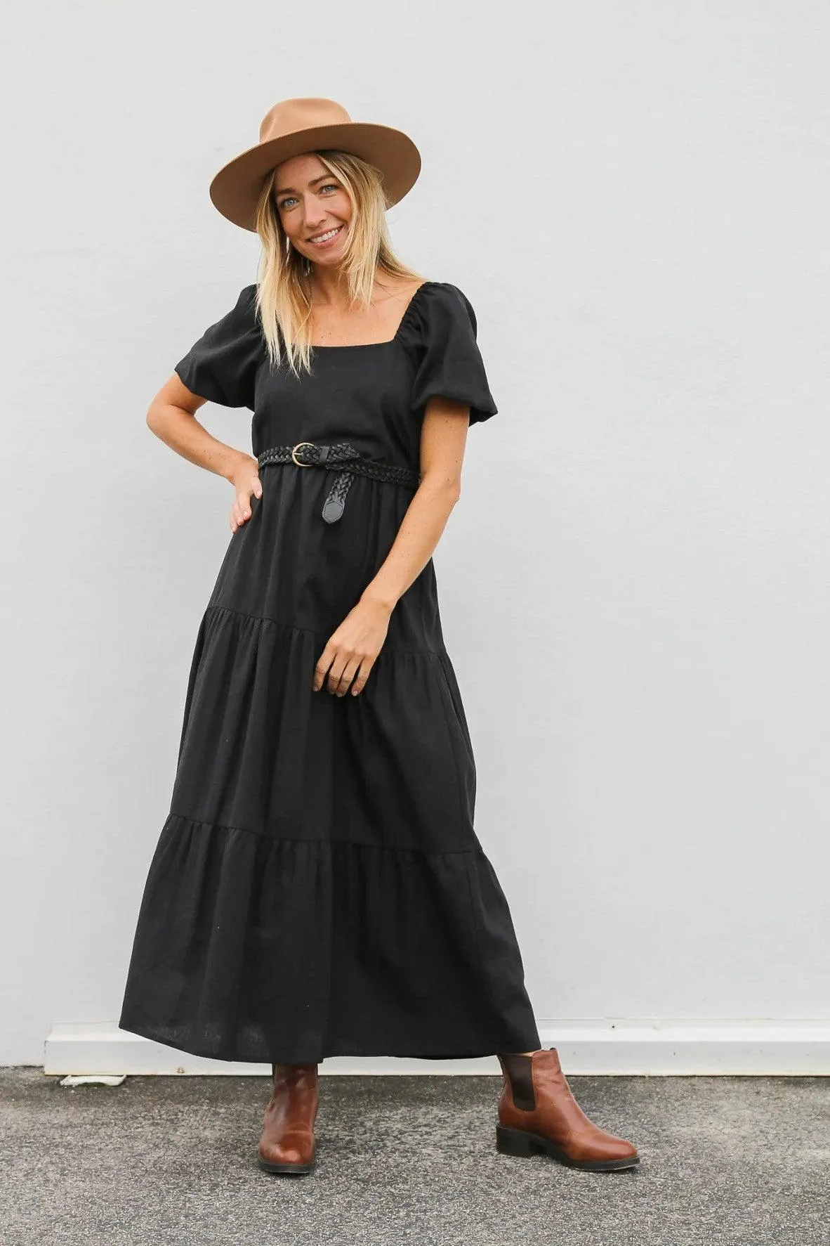 Black Linen Viola Puff Sleeve Maxi Dress