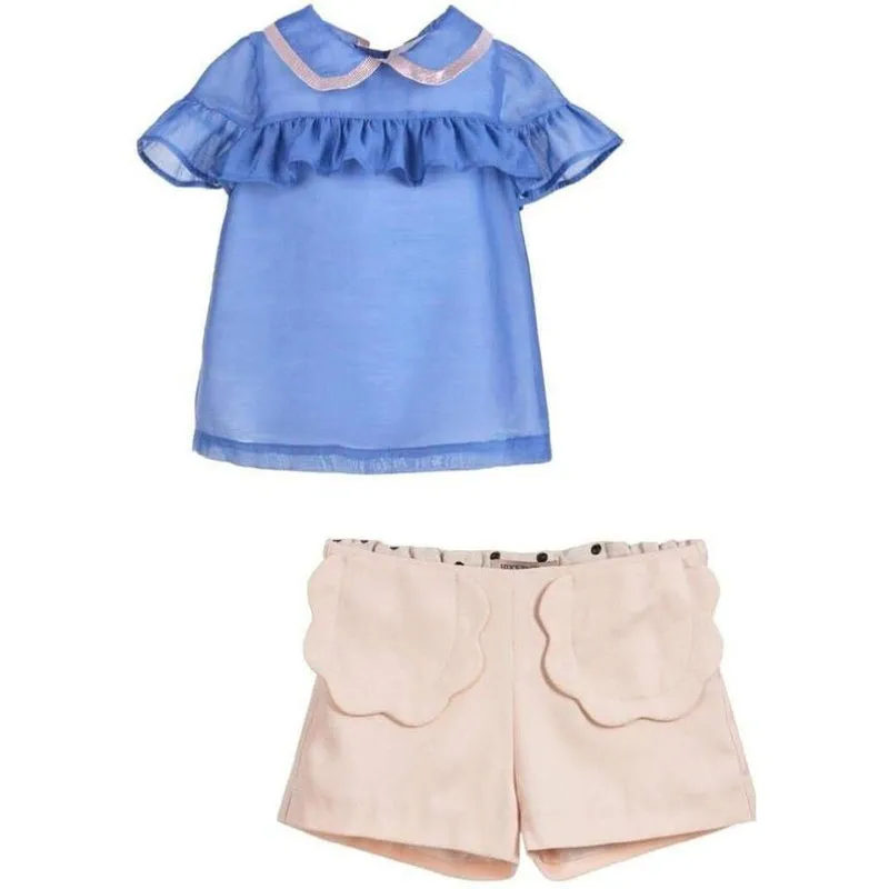 Blue Ruffle Blouse & Shorts Set