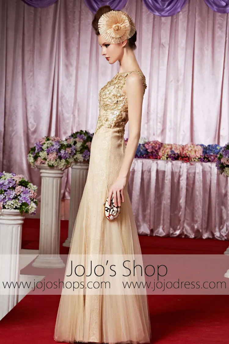 Boat Neck Keyhole Back Champagne Gold Elegant Prom Formal Evening Dress CX830368