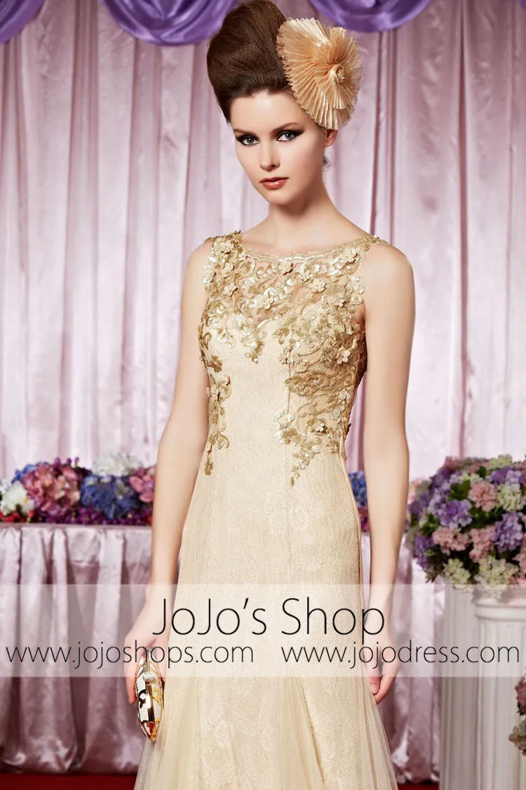 Boat Neck Keyhole Back Champagne Gold Elegant Prom Formal Evening Dress CX830368