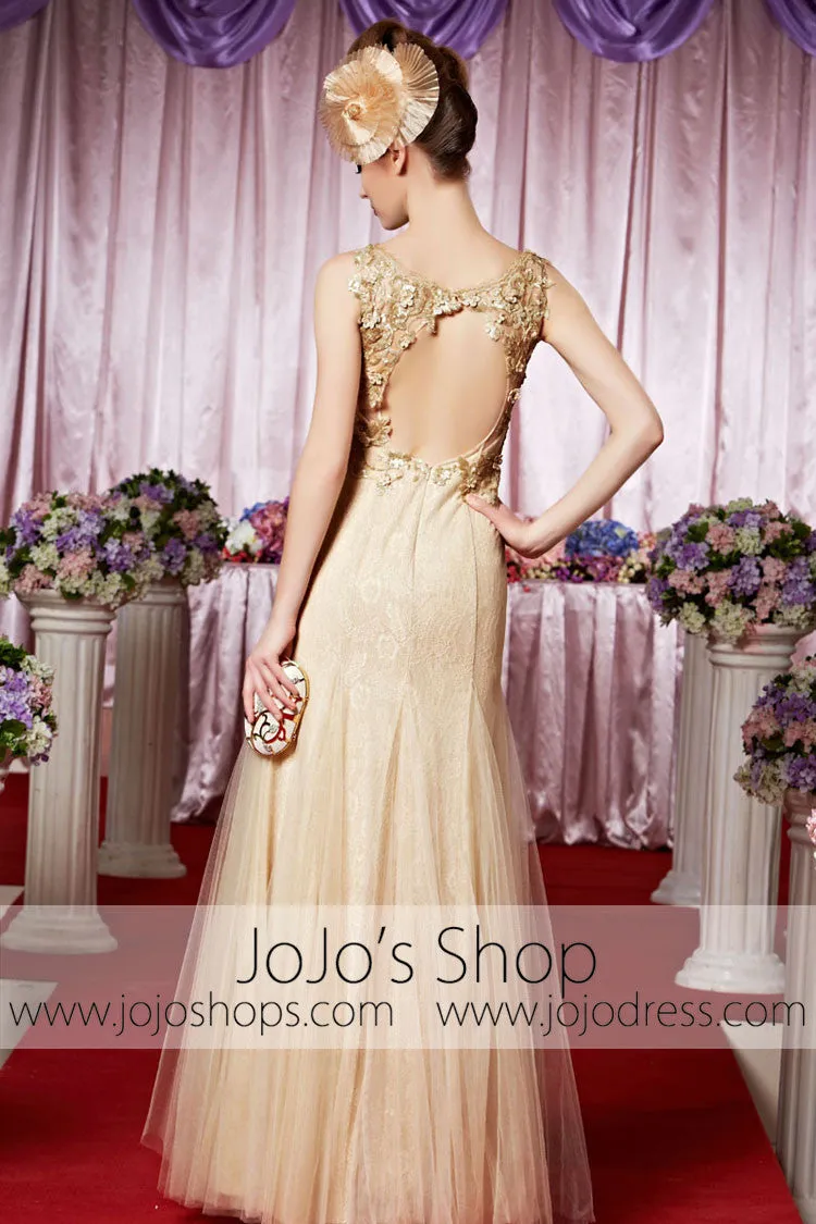 Boat Neck Keyhole Back Champagne Gold Elegant Prom Formal Evening Dress CX830368