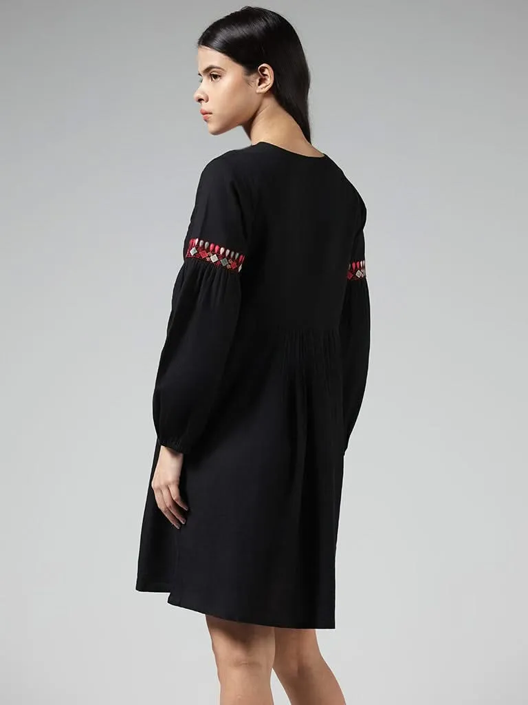 Bombay Paisley Black Embroidered Cotton Dress