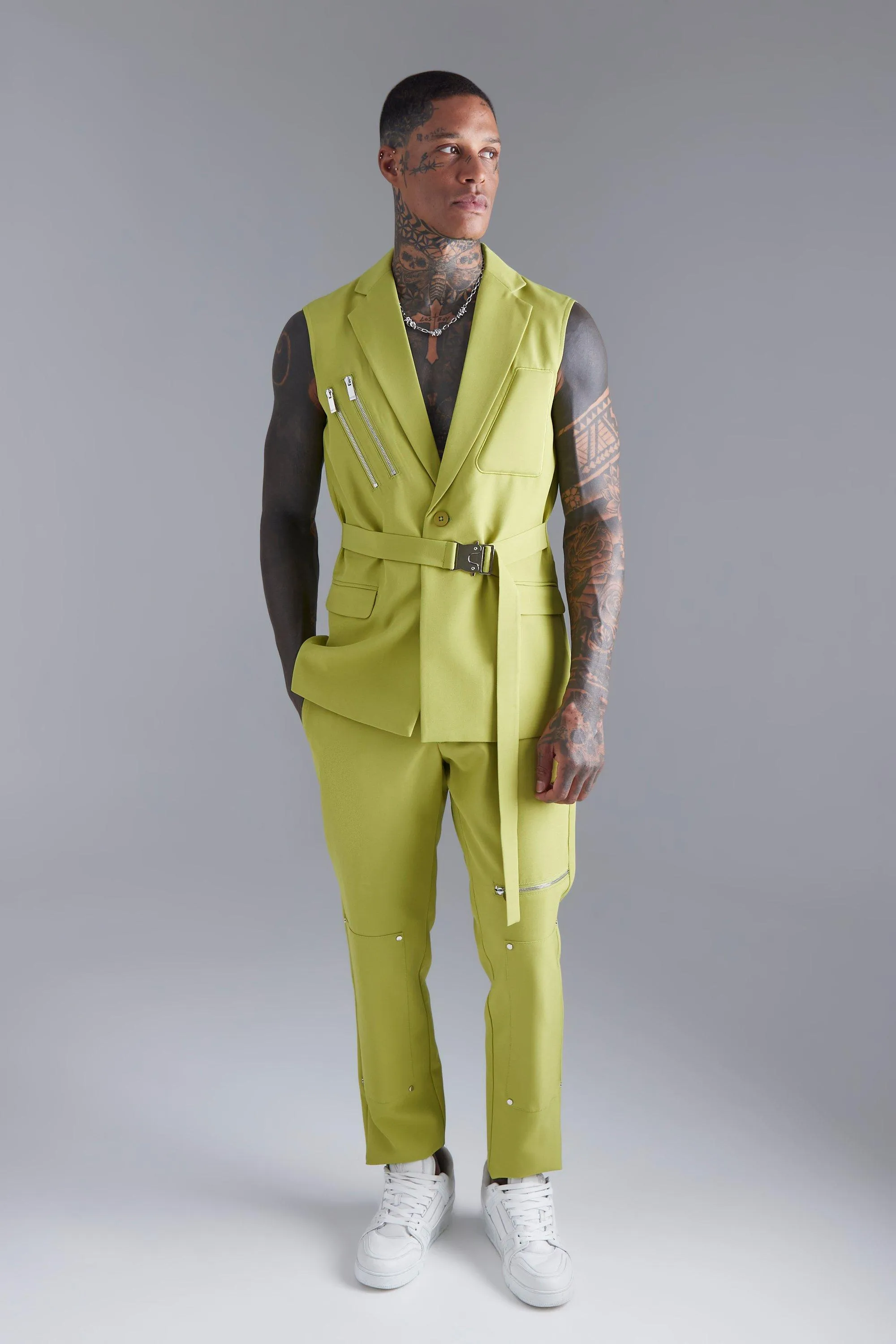 Boohoo Single Breasted Sleeveless Suit Jacket, Lime