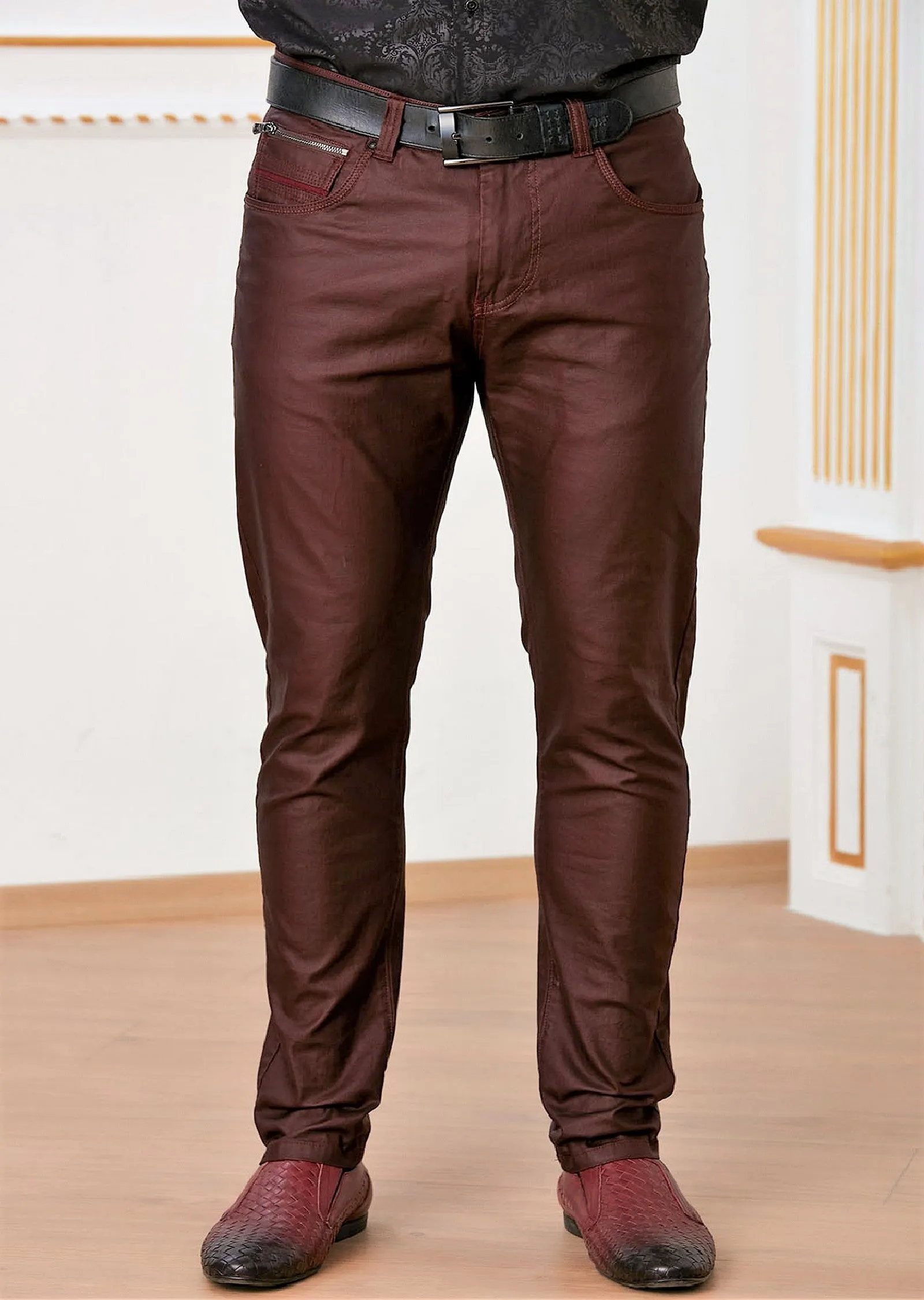 Burgundy Zipper Waxed Pants