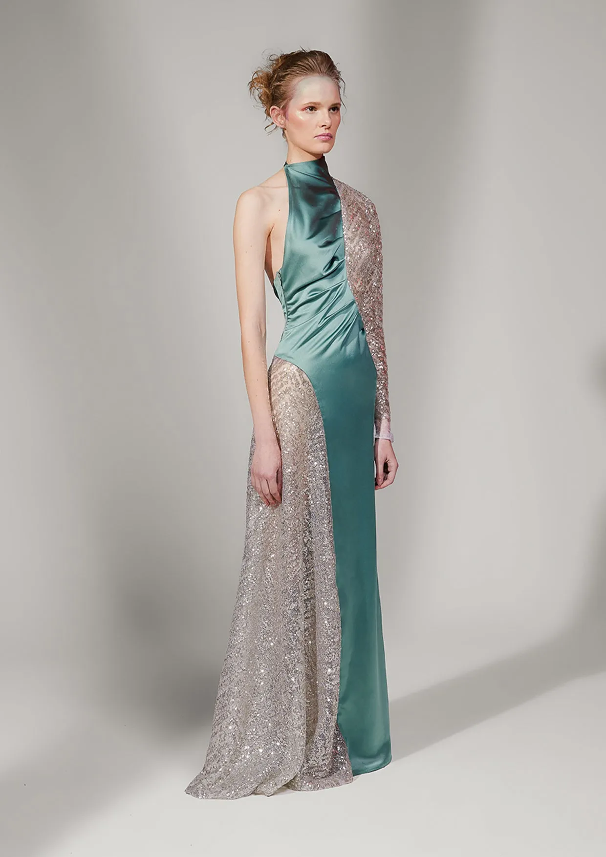 Chrysalis Open-Back Asymmetric Lace Sequin Gown