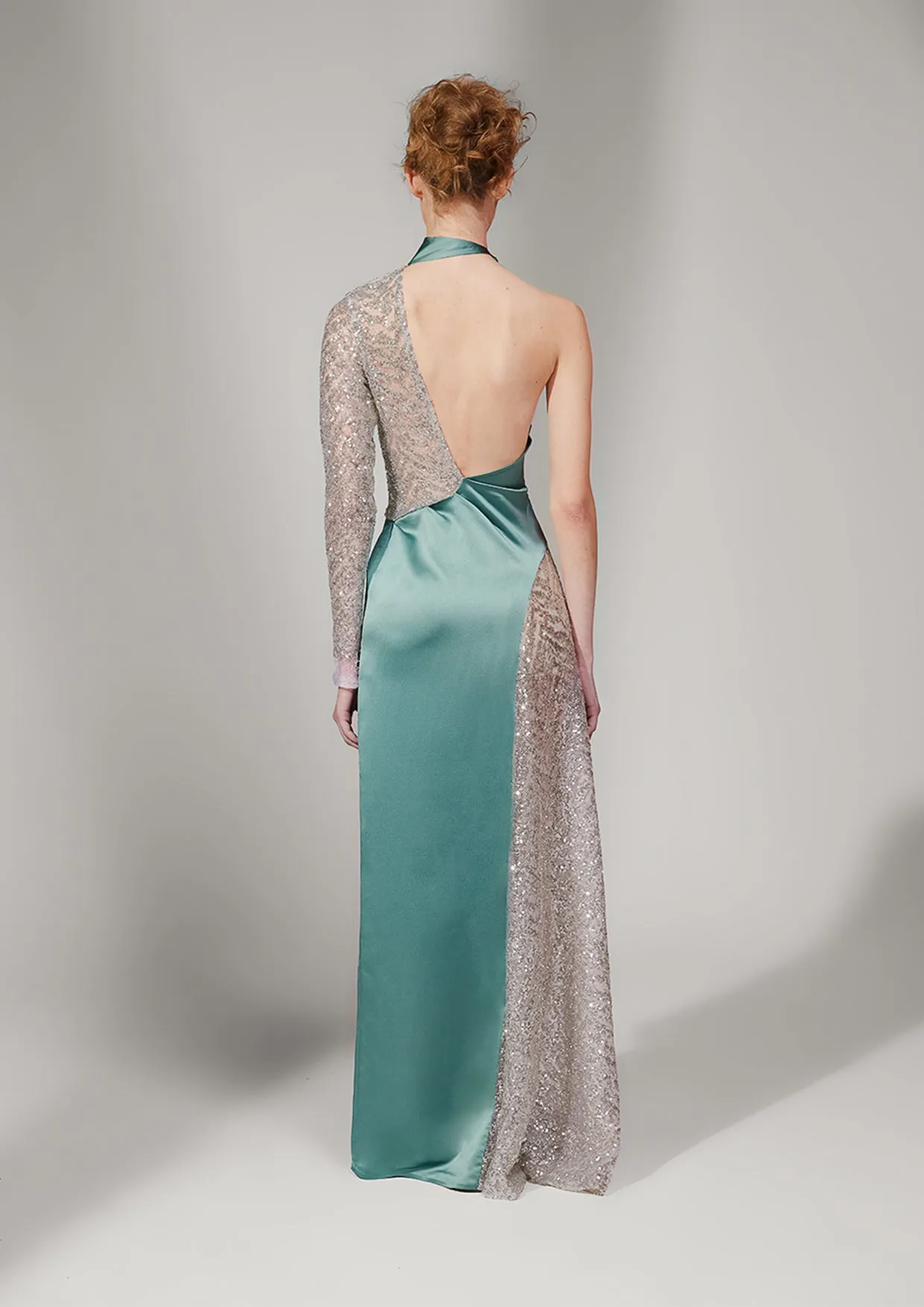 Chrysalis Open-Back Asymmetric Lace Sequin Gown