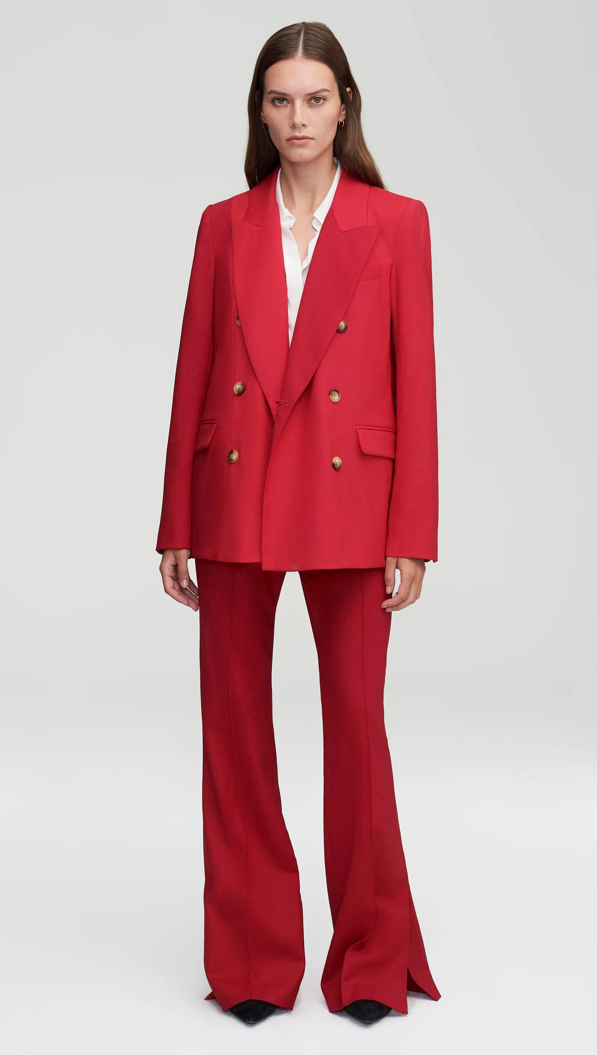 Colorblocked Peak Lapel Blazer in Seasonless Wool | Raspberry/Cranberry