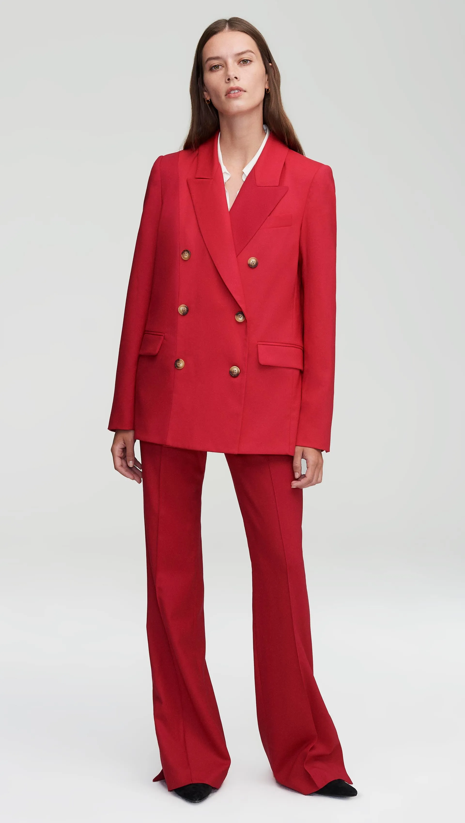 Colorblocked Peak Lapel Blazer in Seasonless Wool | Raspberry/Cranberry