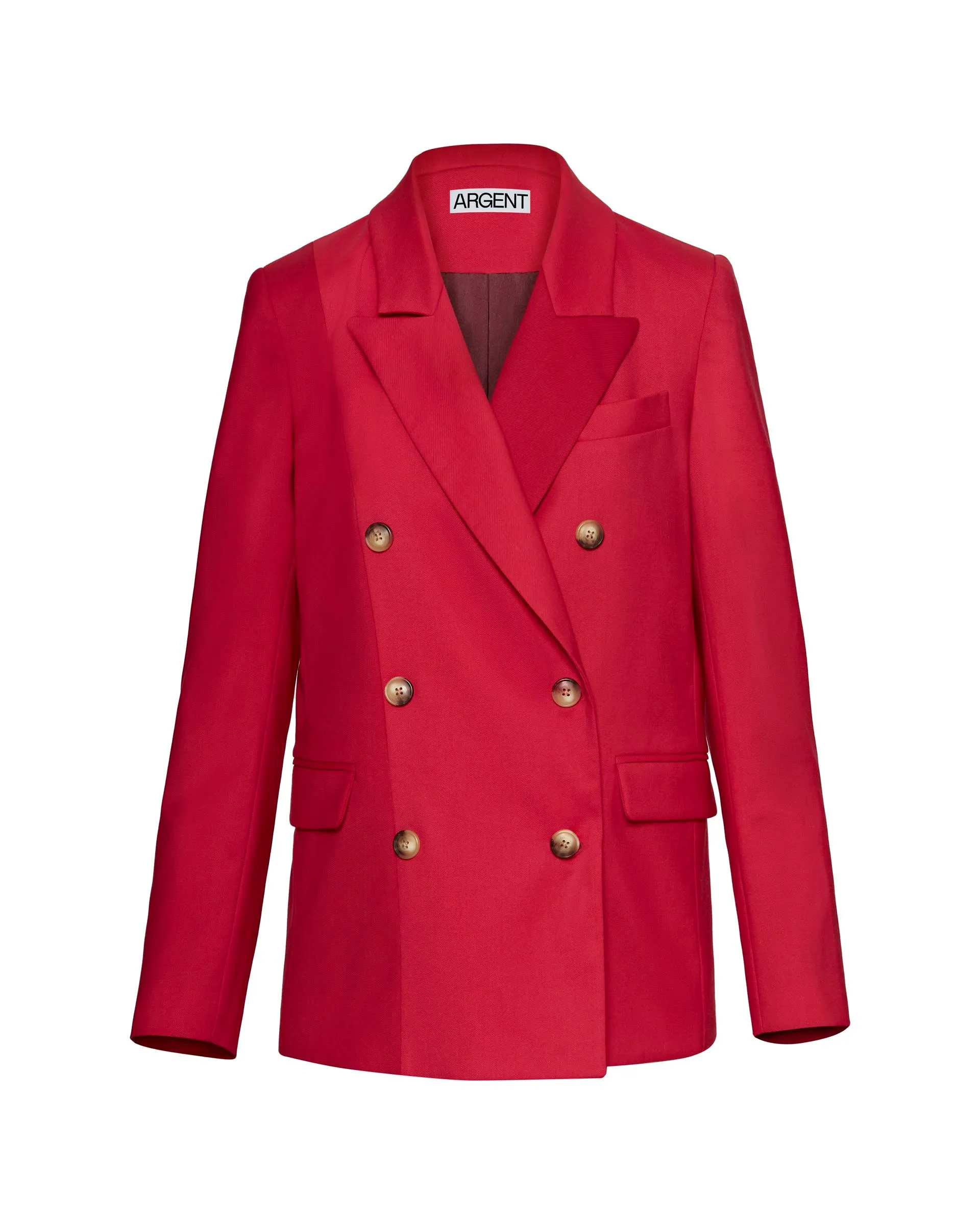 Colorblocked Peak Lapel Blazer in Seasonless Wool | Raspberry/Cranberry