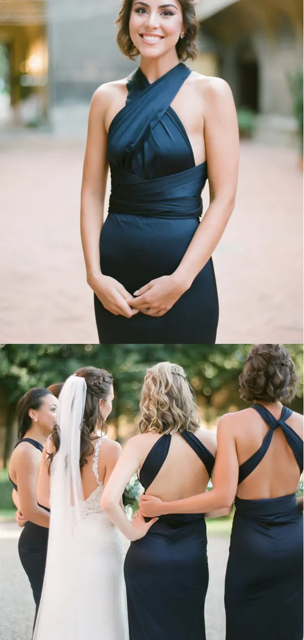 Convertible Dark Navy Jersey Sexy Elegant Long Bridesmaid Dresses,DB106