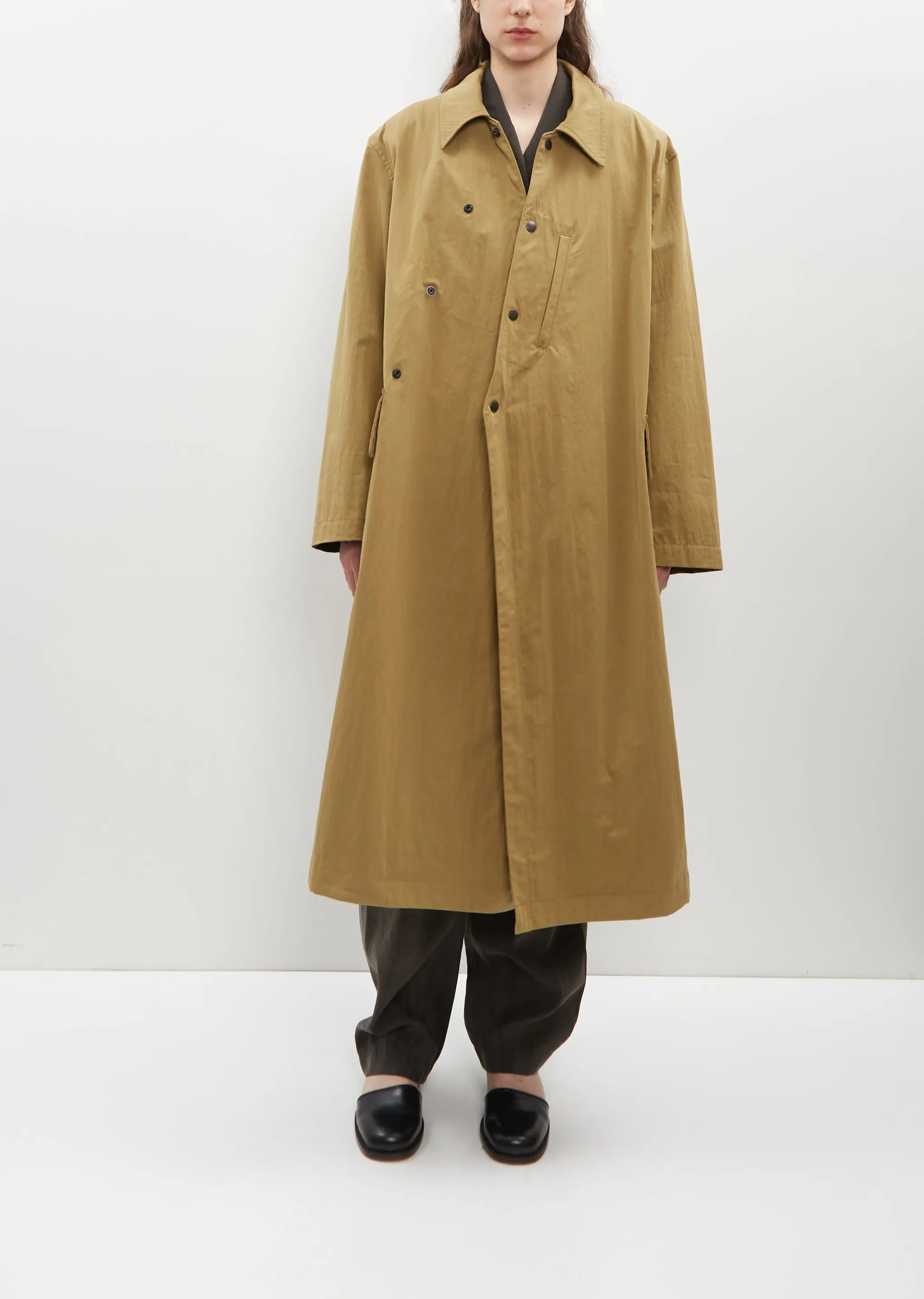 Cotton Blend Asymmetrical Raincoat — Ochre Khaki