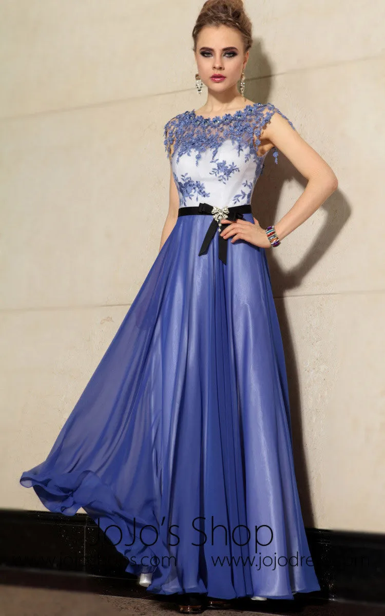 Elegant Blue Floral Jeweled Neck Formal Prom Evening Cocktail Dress DQ830889