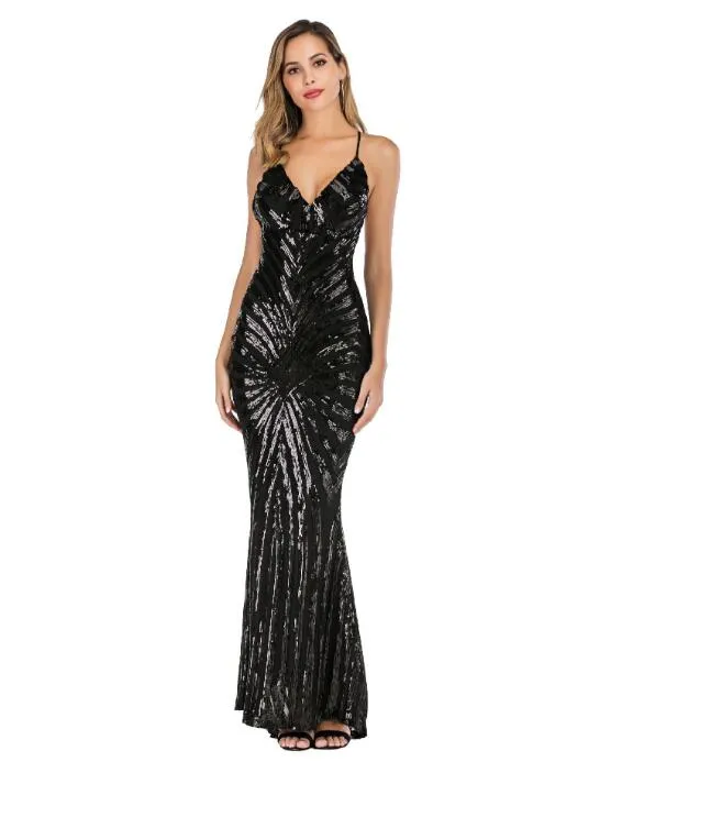 Elegant Deep V Neck Party Dresses Gold Sequined Maxi