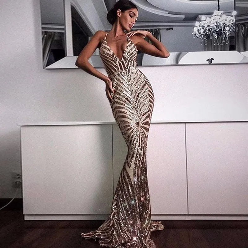 Elegant Deep V Neck Party Dresses Gold Sequined Maxi