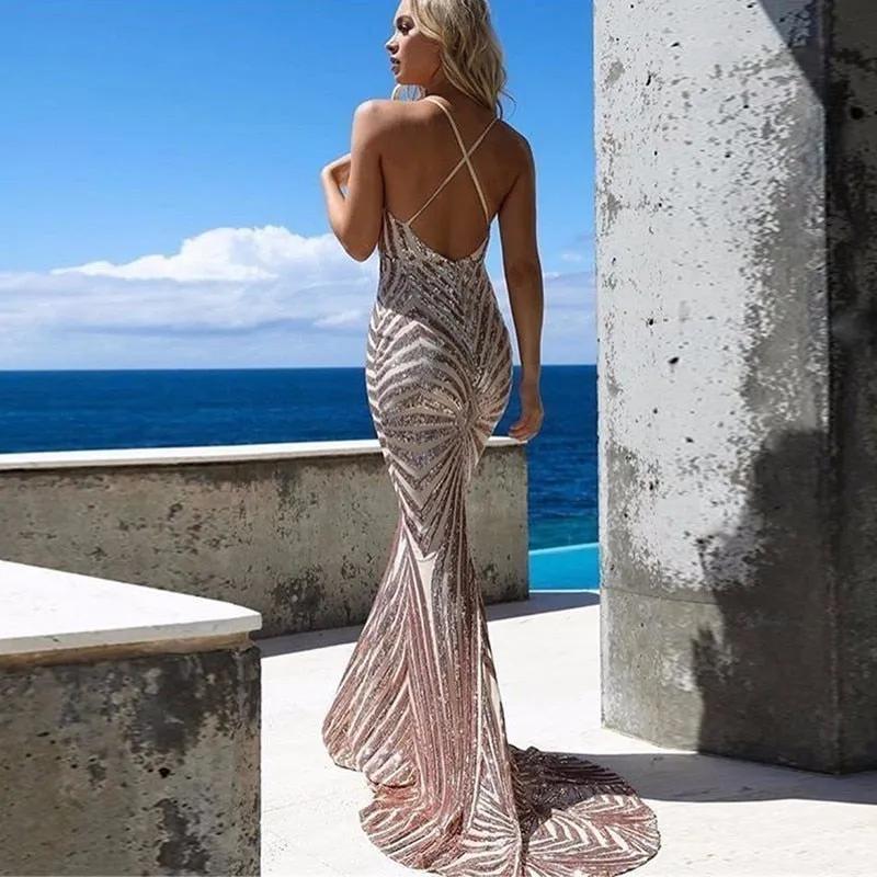 Elegant Deep V Neck Party Dresses Gold Sequined Maxi