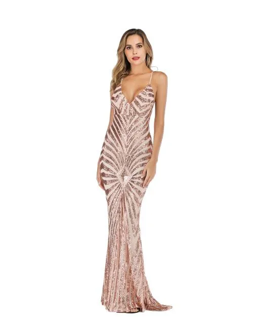 Elegant Deep V Neck Party Dresses Gold Sequined Maxi