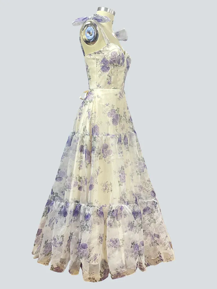 Elegant Floral Print A-line Floor-length Prom Dresses