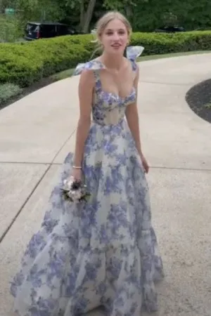 Elegant Floral Print A-line Floor-length Prom Dresses