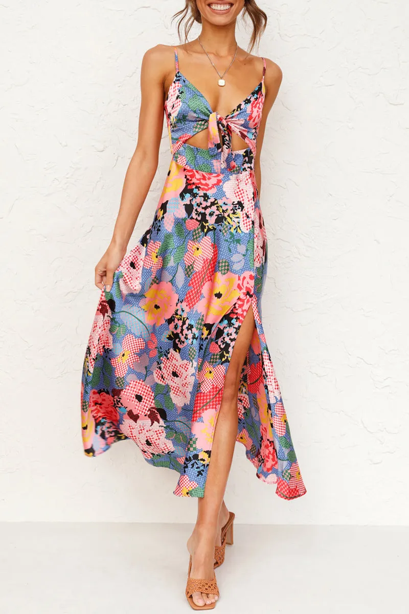 Elegant Floral Slit V Neck Sling Dress Dresses