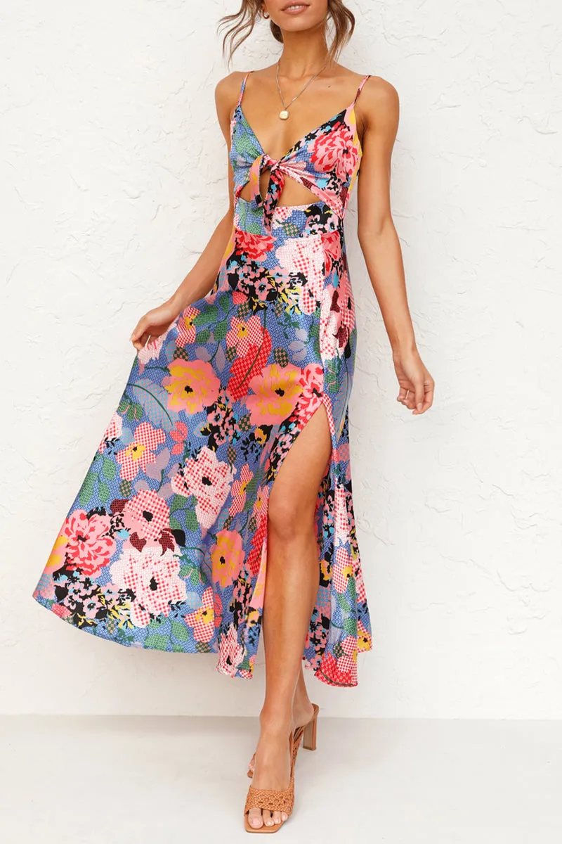 Elegant Floral Slit V Neck Sling Dress Dresses