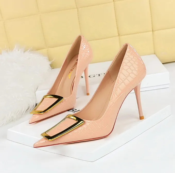 Elegant High Heel Pointed Toe Shoes with Metal Button for Women