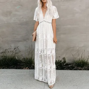 Fashionkova   Embroidery Lace Hollow Out Maxi Dress For Women 2022 Summer Beach Vacation V Neck Elegant Pink Black White Long Dresses Vestido