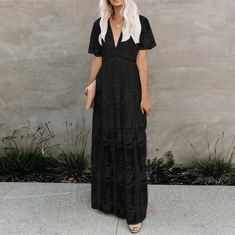 Fashionkova   Embroidery Lace Hollow Out Maxi Dress For Women 2022 Summer Beach Vacation V Neck Elegant Pink Black White Long Dresses Vestido