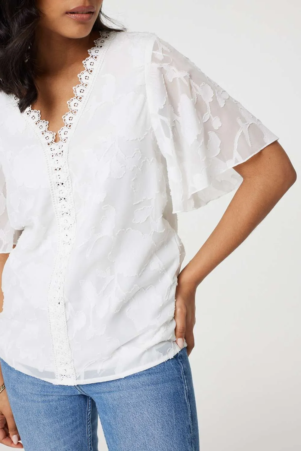 Floral Lace Detail Flared Sleeve Blouse