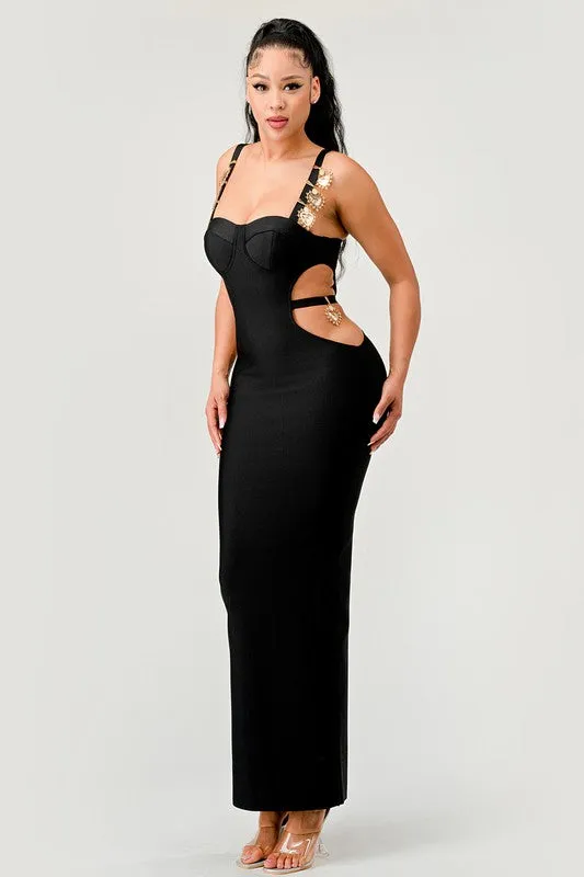 Gold Hearts Side Cut Out Black Bandage Sexy Maxi Dress KESLEY