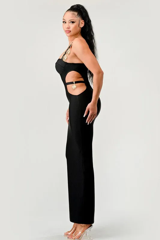 Gold Hearts Side Cut Out Black Bandage Sexy Maxi Dress KESLEY