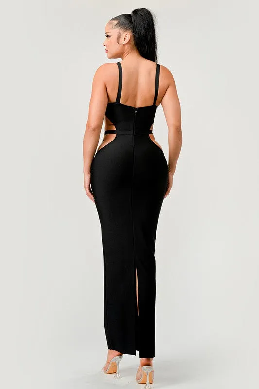 Gold Hearts Side Cut Out Black Bandage Sexy Maxi Dress KESLEY