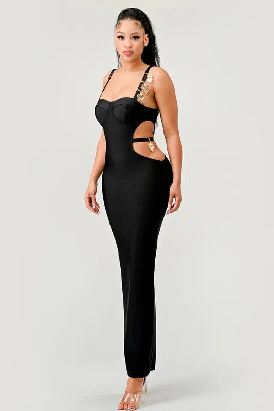 Gold Hearts Side Cut Out Black Bandage Sexy Maxi Dress KESLEY