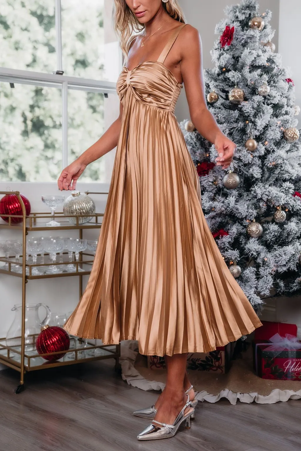 Gold Satin Pleated Midi Dress