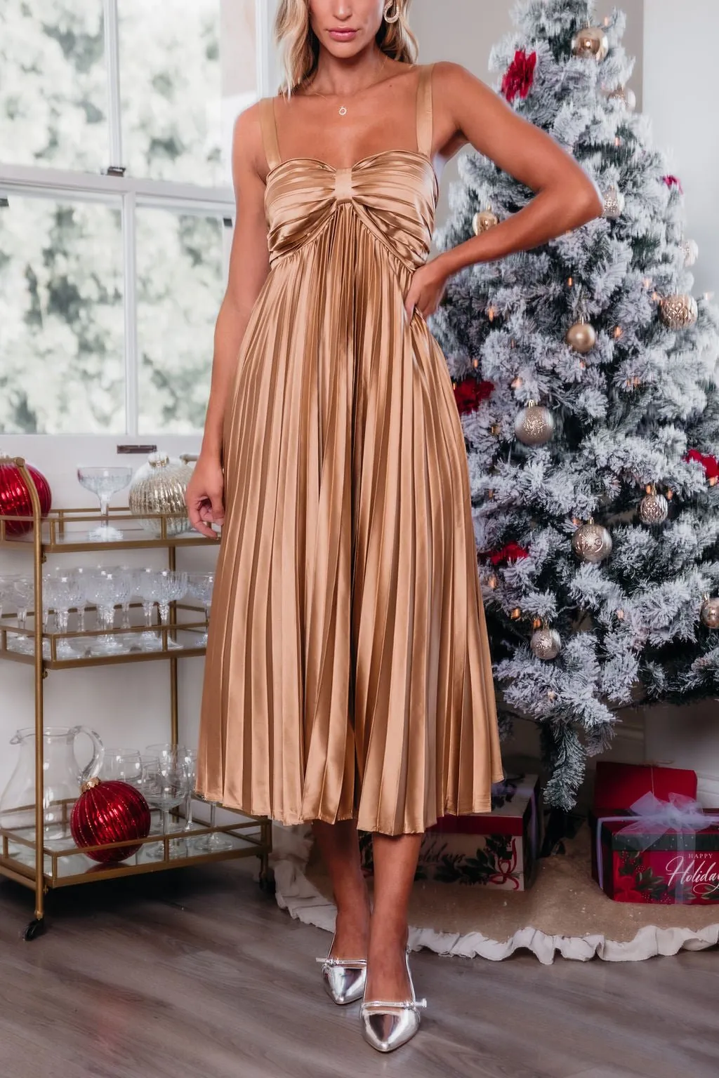 Gold Satin Pleated Midi Dress