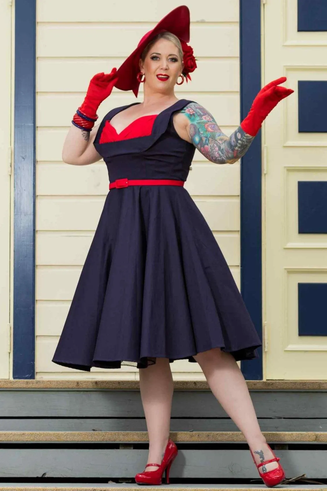 Grace Vintage Style Jive Dress in Dark Blue-Red